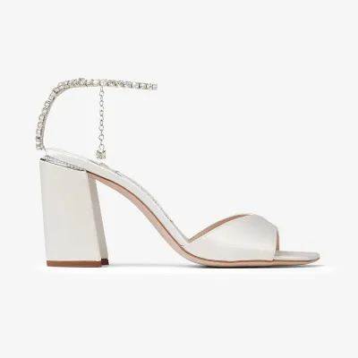 JIMMY CHOO Crystal chain ivory white satin sandals with wide high heels