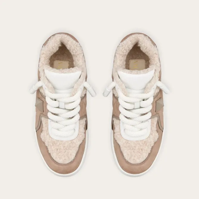 VALENTINO ONE STUD XL Women's bovine frosted leather and wool V-logo sneakers