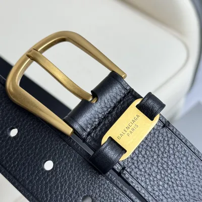 Balenciaga Men's Black Suit Belt In Black Grained Calfskin With Gold/Silver Hardware 35mm