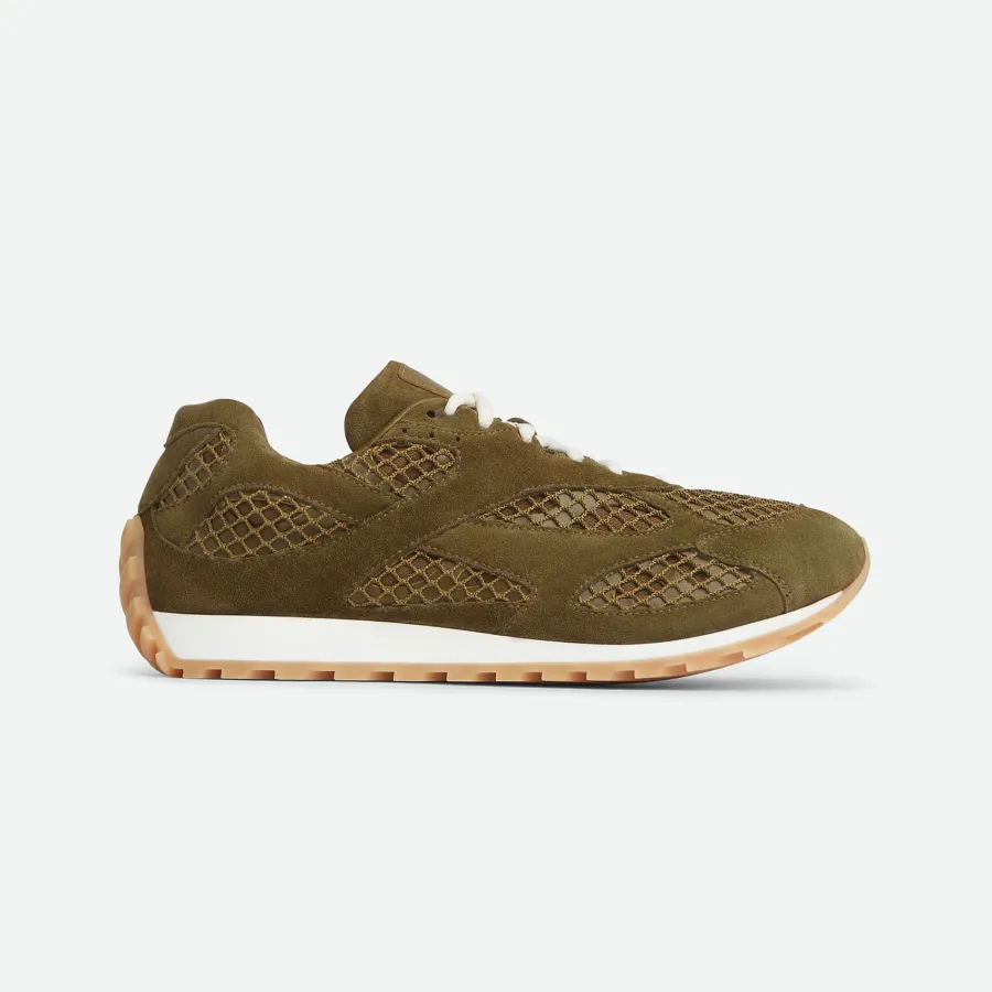 Bottega Veneta Orbit Flash Sneakers In Olive Weathered Suede Leather And Mesh Lace-Up Sneaker