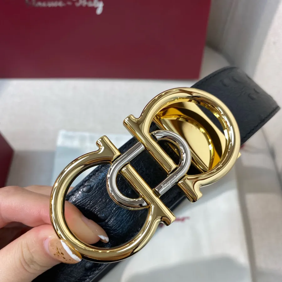 Ferragamo Men's Double Gancini Buckle Belt In Black Ostrich Grain Calfskin With Gold/Silver Hardware 35mm