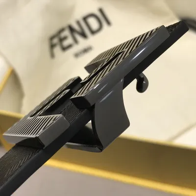 Fendi Men's FF Buckle Belt In Black F Embossed Calfskin With Gun Black Hardware 38mm