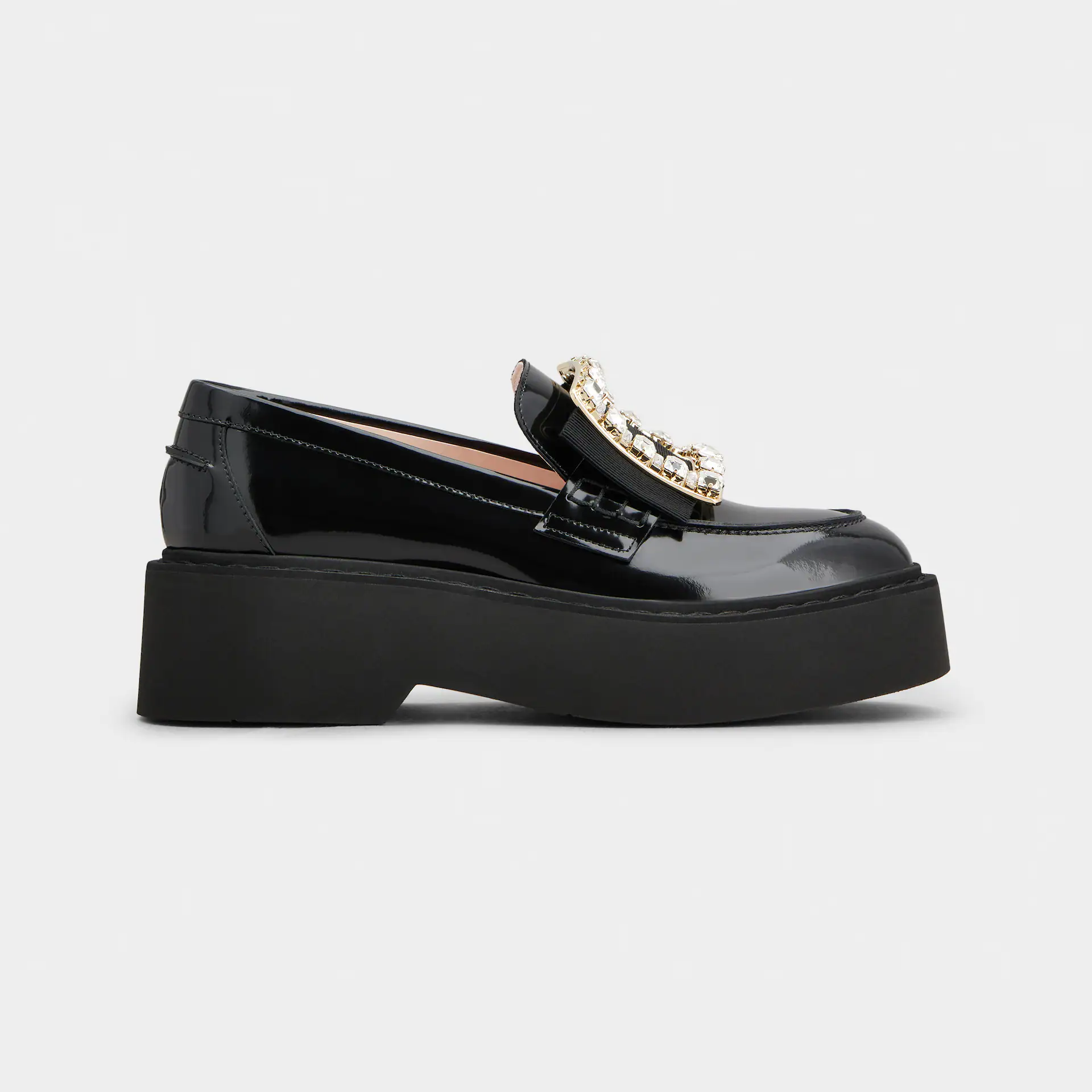 Roger Vivier Viv' Rangers Loafers Em Couro Verniz Preto Com Fivela De Cristal (Altura Do Salto 5,5cm)