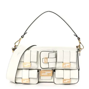 Fendi Multipocket Baguette White Ice Shiny Nappa Leather Gold Hardware