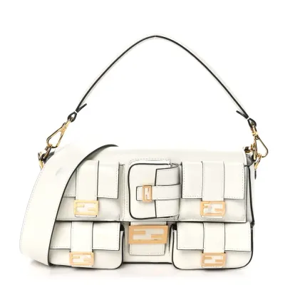 Fendi Multipocket Baguette White Ice Shiny Nappa Leather Gold Hardware