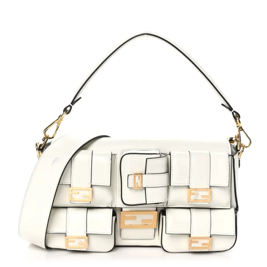 Fendi Multipocket Baguette White Ice Shiny Nappa Leather Gold Hardware