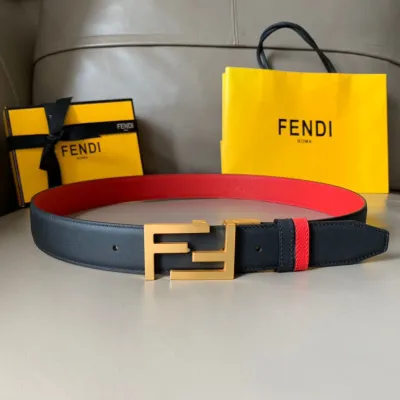 Fendi Men's Rectangled FF Buckle Reversible Belt In Black/Blue/Red/Yellow Calfskin With Gold/Silver/Gun Black Hardware 35mm