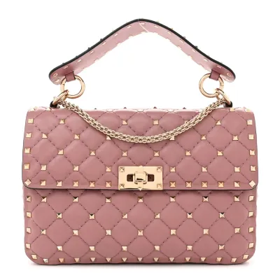 Valentino Garavani Medium Rockstud Spike Shoulder Bag Antique Rose Lambskin Leather Light Gold Hardware
