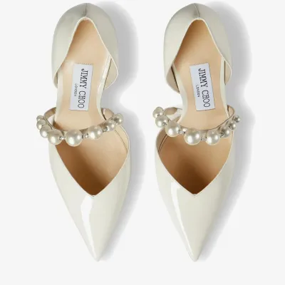 JIMMY CHOO Pearl embellished latte-colored lacquered leather pointed high heels