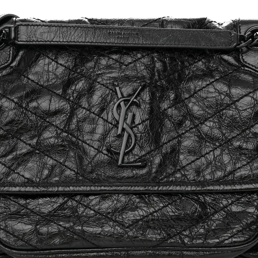 Saint Laurent Medium Niki Chain Satchel Black Crinkled Monogram Calfskin Matelasse Leather Black Hardware