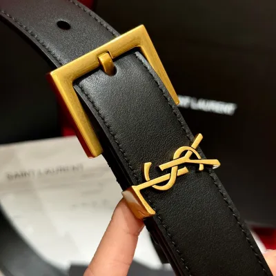 Saint Laurent Cassandre Belt In Black/Coffee Smooth Calfskin With Black/Gold/Silver Hardware 30mm