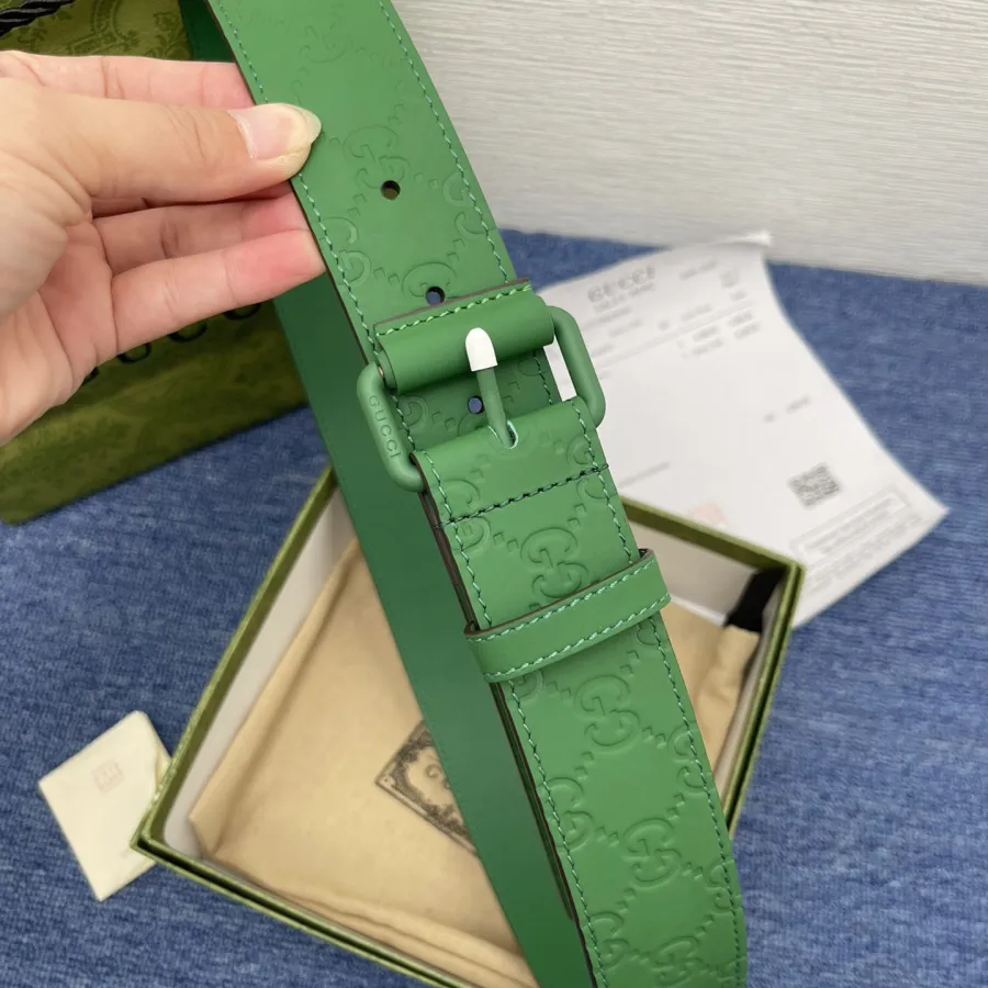 Gucci Men's Square Buckle Belt In Green/Black Rubber-Effect GG Leather With Green/Black Hardware 40mm