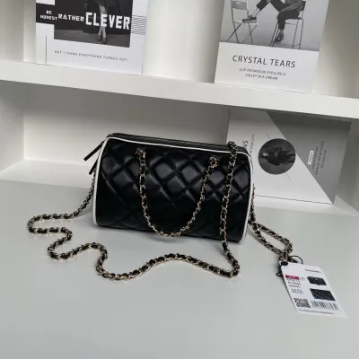 Chanel Black / White Quilted Lambskin Leather Crossbody Bags
