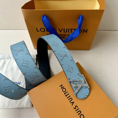 Louis Vuitton Men's Dimension Monogram Héritage Belt In Blue/White Canvas With Gold/Silver Hardware 40mm
