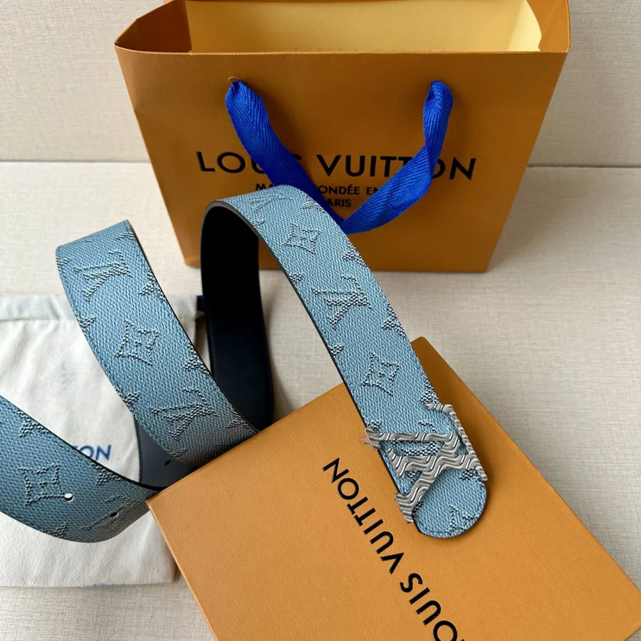 Louis Vuitton Men's Dimension Monogram Héritage Belt In Blue/White Canvas With Gold/Silver Hardware 40mm