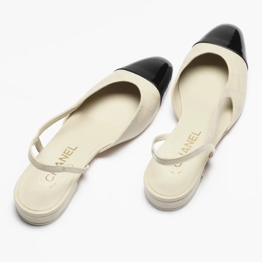 Chanel, white and black, Sheepskin and calf patent leather, Rear lace up flat shoes