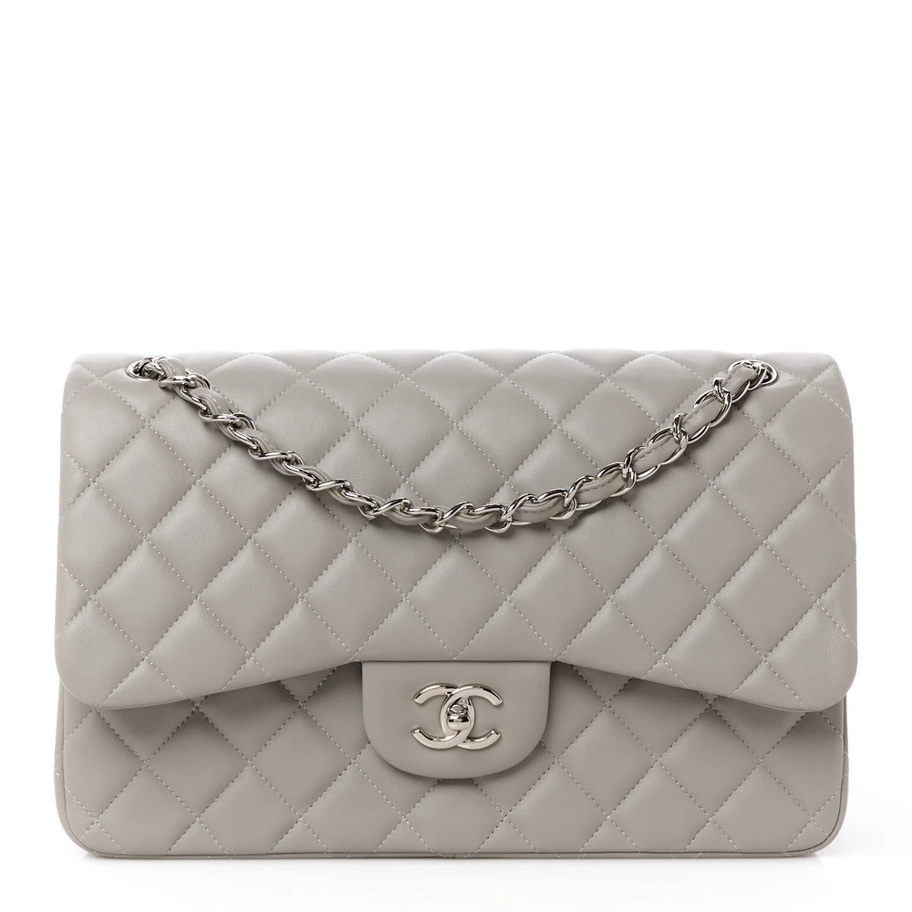 Chanel Double Flap Jumbo Bolsa em Pele de Cordeiro Cinza