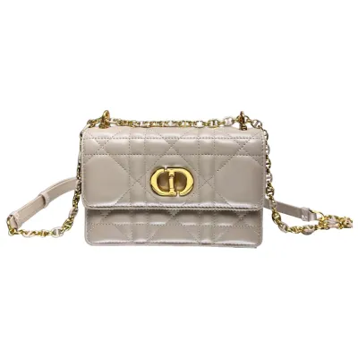 Dior Miss Caro Mini Bag With Chain In Beige/Black/White/Powder Pink Macrocannage Lambskin Gold Hardware
