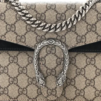Gucci Mini Dionysus Shoulder Bag Black GG Supreme Monogram Canvas Aged Silver Hardware