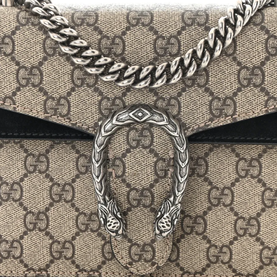 Gucci Mini Dionysus Shoulder Bag Black GG Supreme Monogram Canvas Aged Silver Hardware
