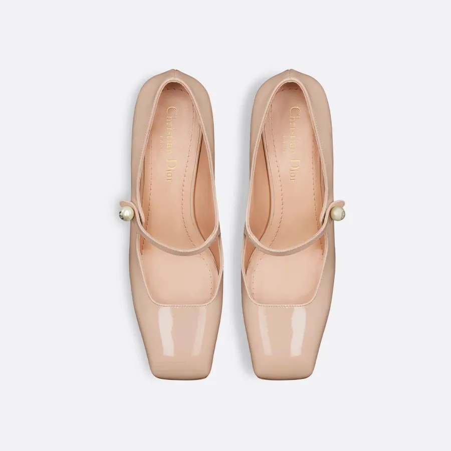 Dior apricot nude patent leather square head thick heel high heels shoes
