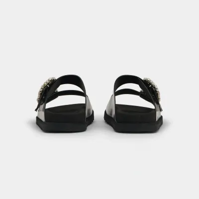 Roger Vivier Slidy Viv' Mules Sandals In Black Leather With Crystal Buckle