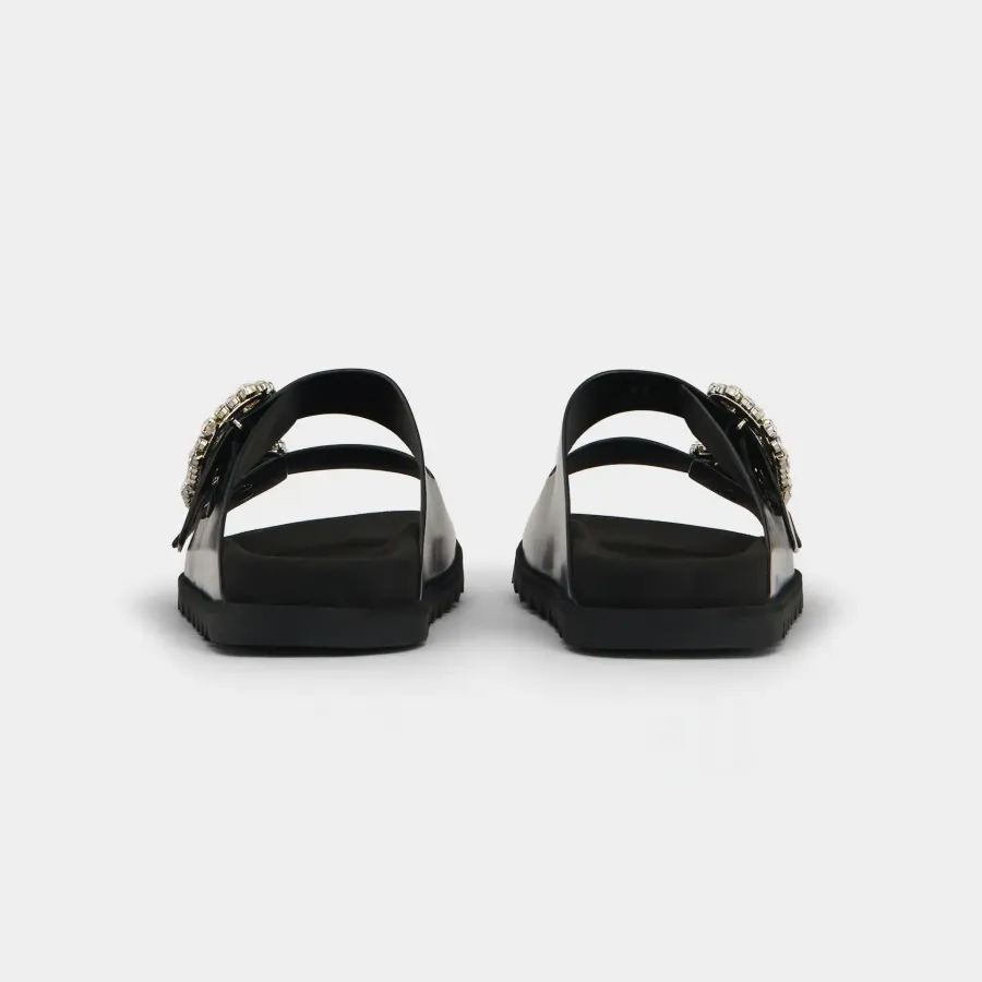 Roger Vivier Slidy Viv' Mules Sandals In Black Leather With Crystal Buckle
