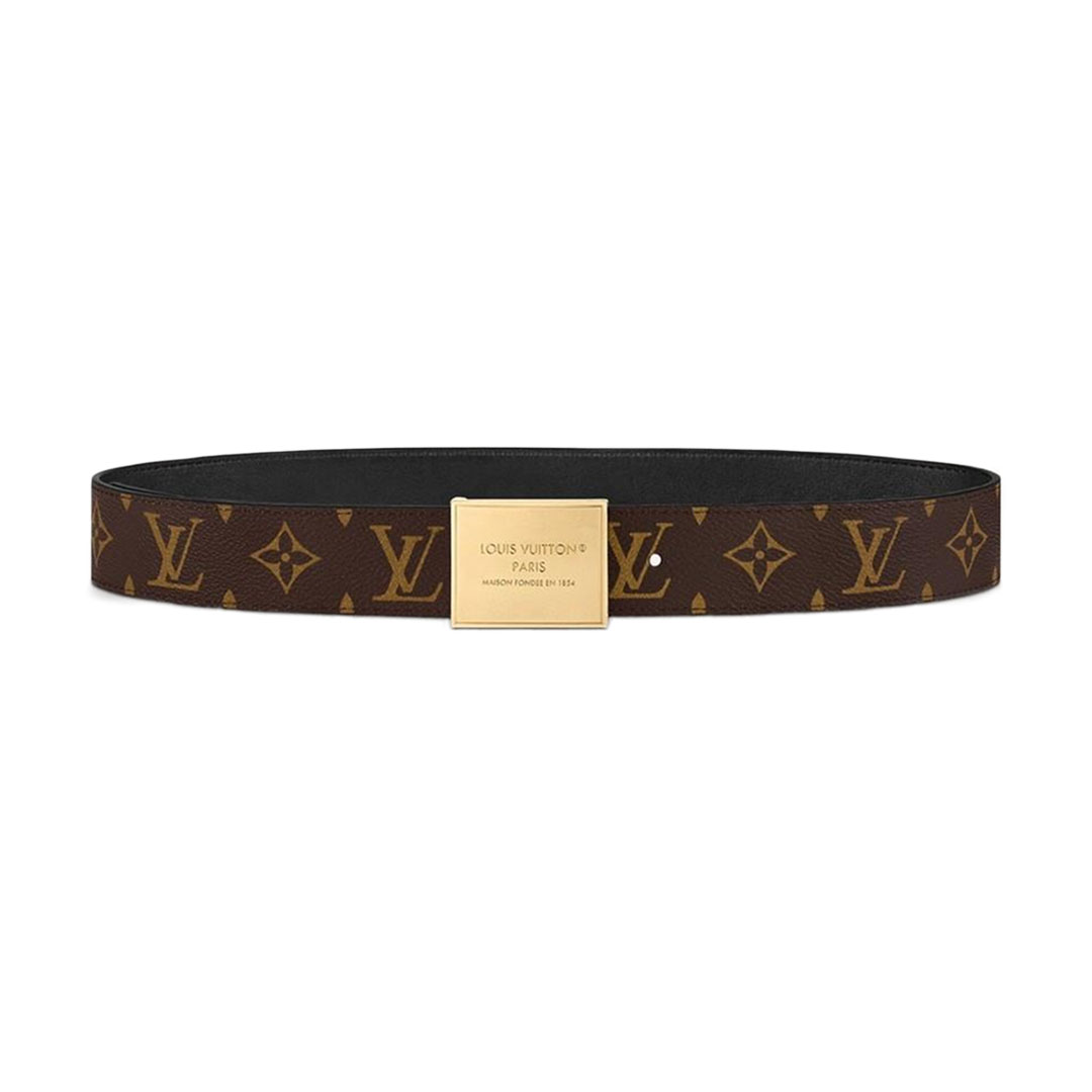 Louis Vuitton Cinto Reversível de Fivela Quadrada Feminino em Pele de Bezerro Preta e Canvas Monograma com Acabamento Dourado 35mm