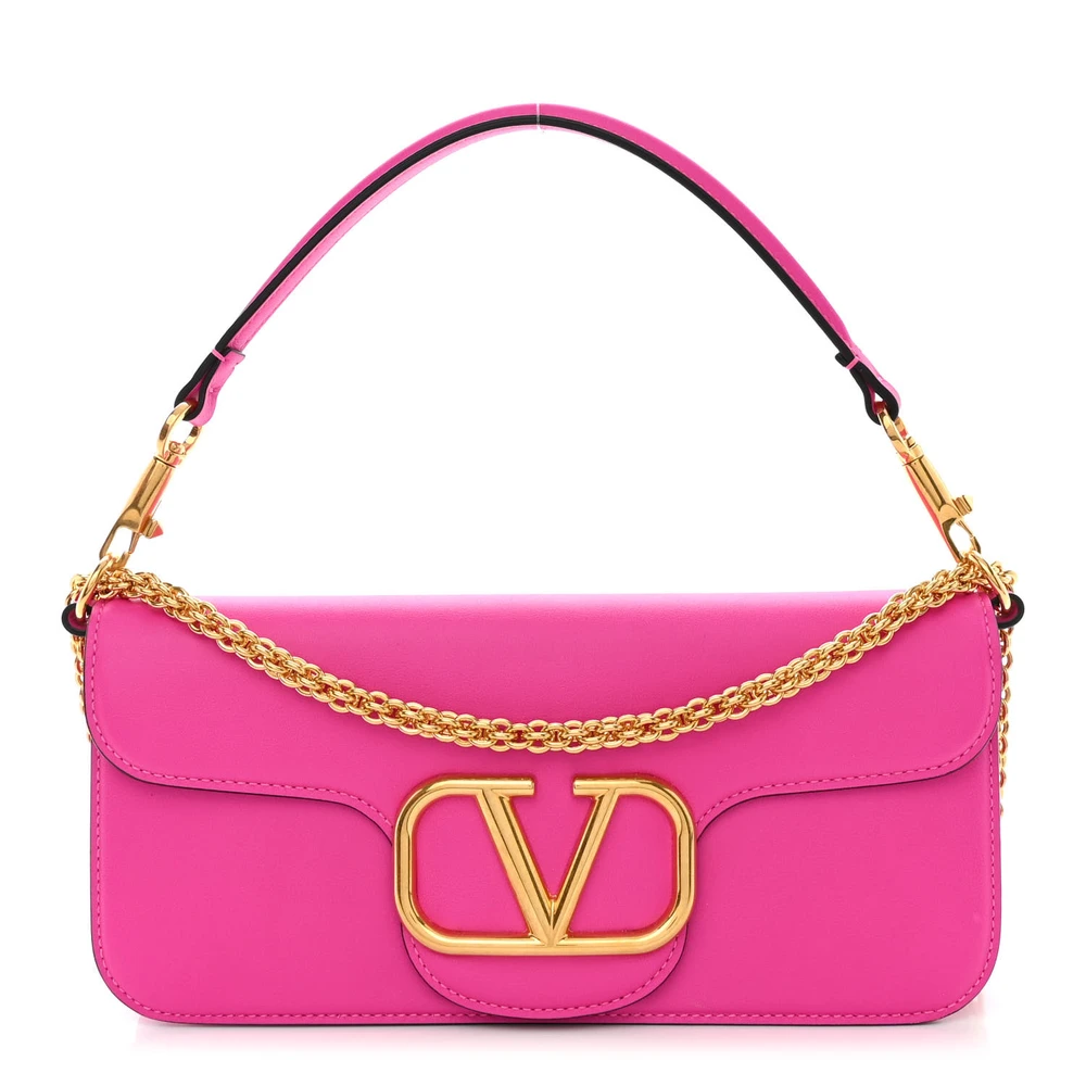 Valentino Garavani Bolsa de Ombro Pequena VLogo Loco Rosa em Couro Bezerro PP Hardware Dourado