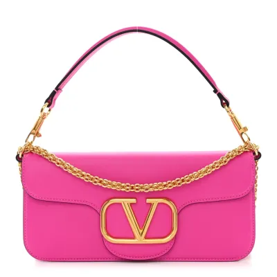 Valentino Garavani Small VLogo Loco Shoulder Bag Pink PP Calfskin Leather Gold Hardware