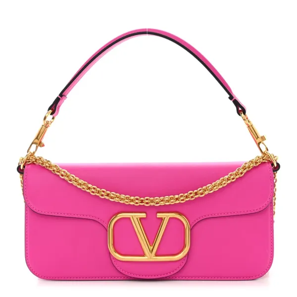 Valentino Garavani Small VLogo Loco Shoulder Bag Pink PP Calfskin Leather Gold Hardware