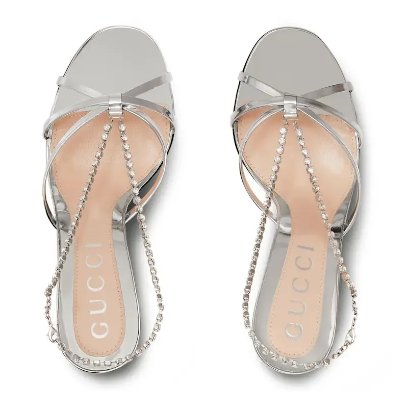 Gucci silvery crystal chain round head high heels sandal