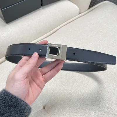 Saint Laurent Square Buckle Belt In Black/Burgundy Calfskin With Gold Hardware 30mm