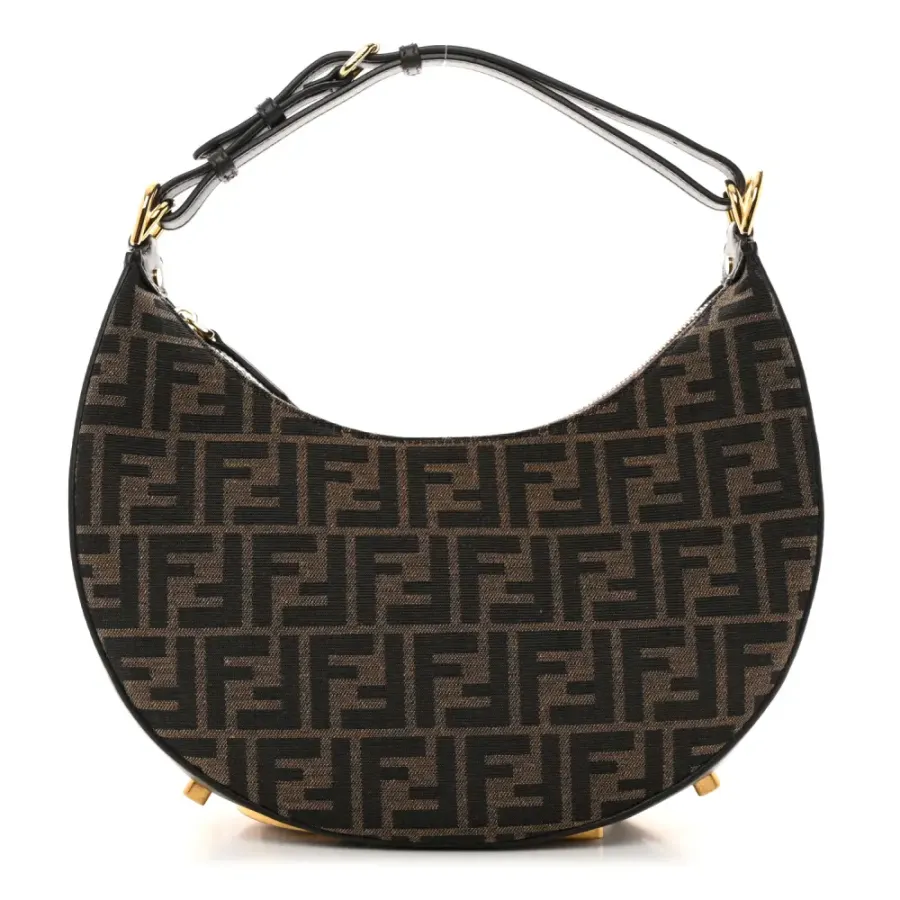 Fendi Small FF 1974 Fendigraphy Hobo Bag Tobacco/Moro/Ebano Jacquard Fabric & Grace Vitello Leather Gold Hardware