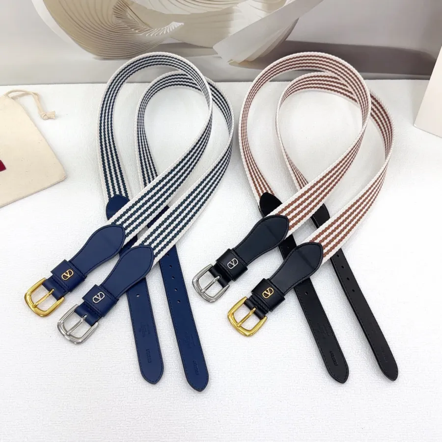 Valentino Square Buckle Belt In Black/Blue Calfskin And Brown/Blue Canvas With Gold/Silver Hardware 25mm