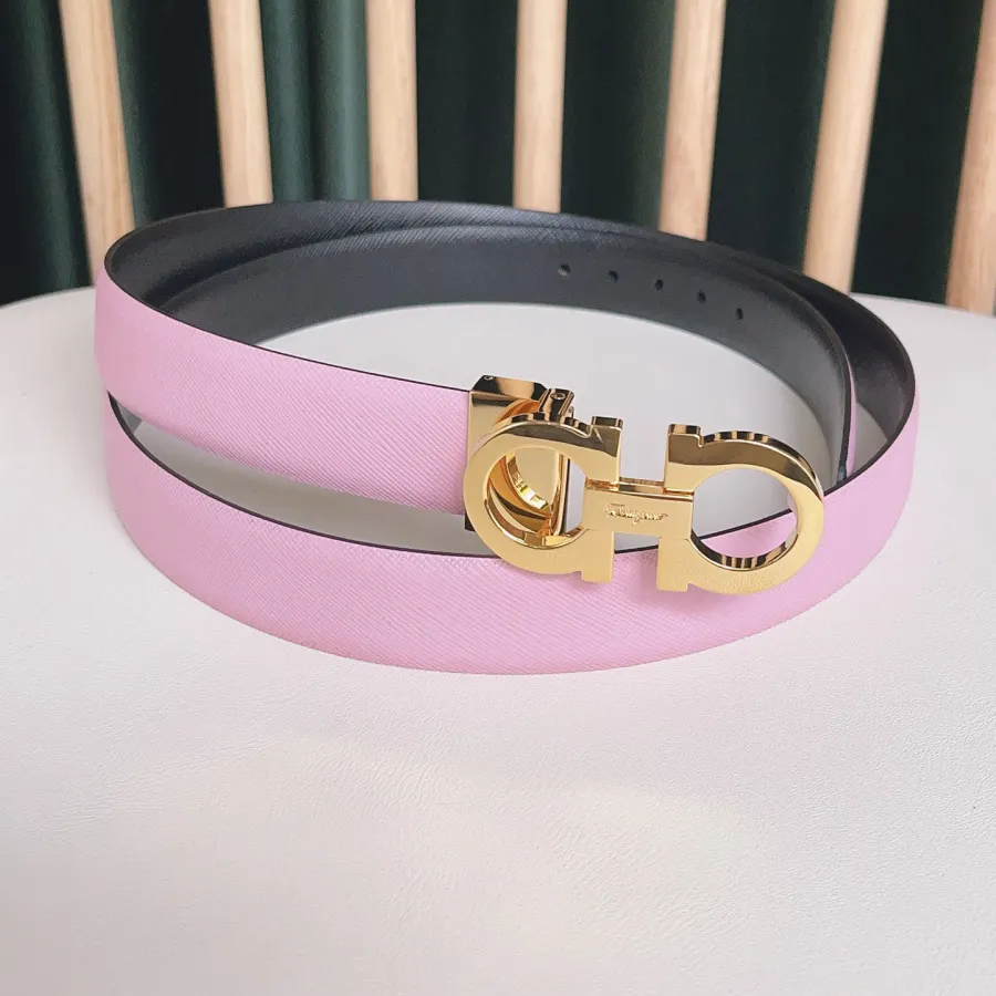 Ferragamo Women's Reversible Double Gancini Belt In Pink/Blue/Pale Pink Calfskin With Gold/Silver Hardware 25mm