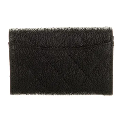 Chanel Small Interlocking CC Logo Wallet Black Quilted Leather Silver Hardware