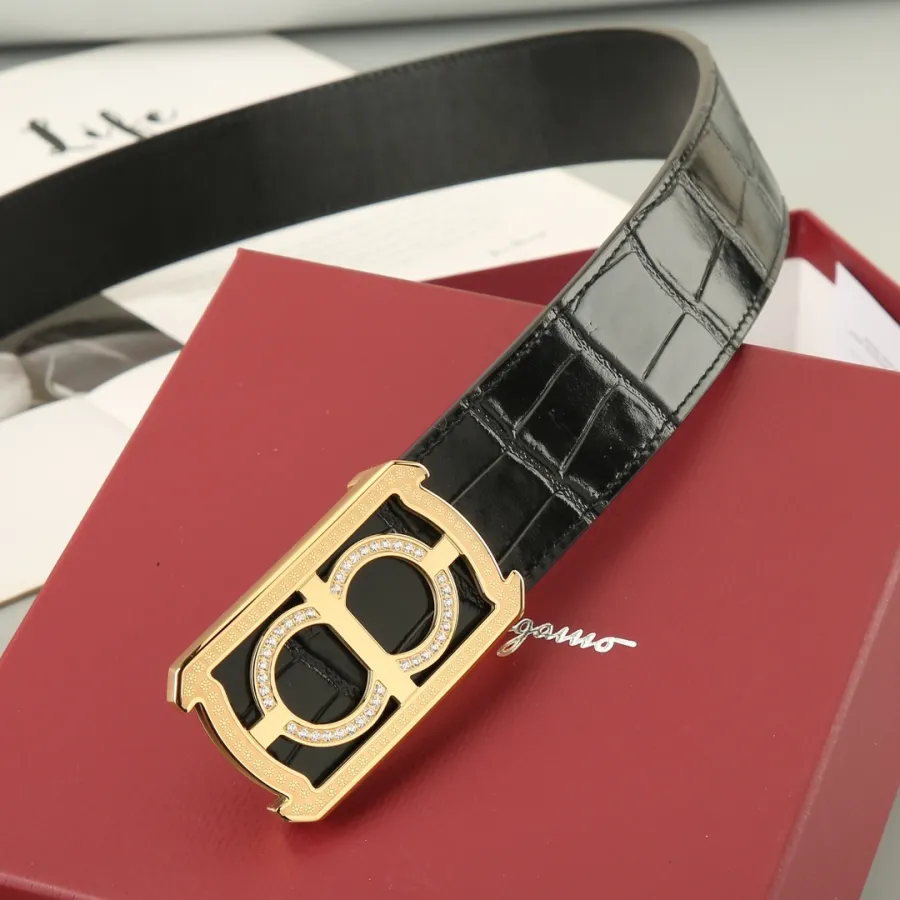Ferragamo Men's Square Buckle With Crystal Belt In Black Crocodile-Embossed Calfskin With Gold/Silver Hardware 38mm
