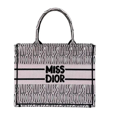 Dior Medium Dior Book Tote In White And Beige/Pink/Blue Miss Dior Allover Embroidered Canvas
