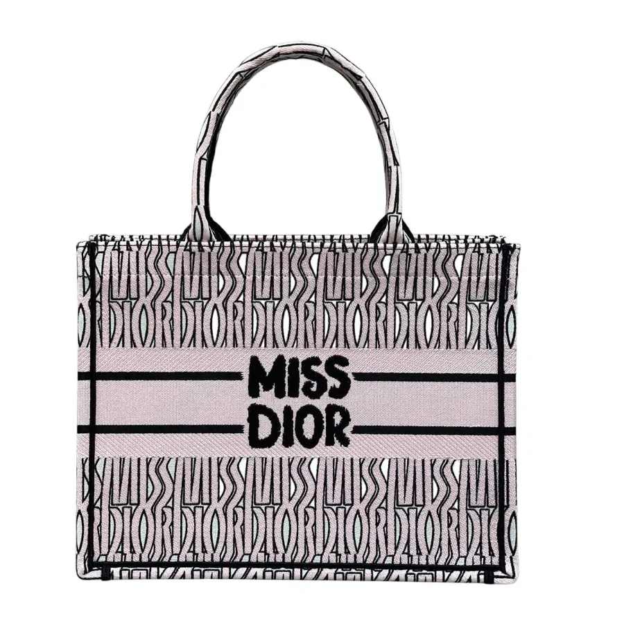 Dior Medium Dior Book Tote In White And Beige/Pink/Blue Miss Dior Allover Embroidered Canvas
