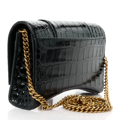 Balenciaga XS Hourglass Chain Bag Black Crocodile Embossed Shiny Calfskin Leather Gold Hardware