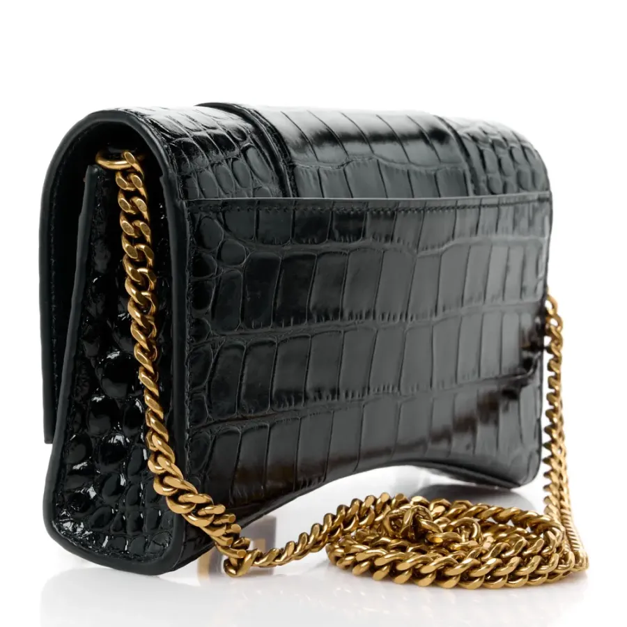 Balenciaga XS Hourglass Chain Bag Black Crocodile Embossed Shiny Calfskin Leather Gold Hardware