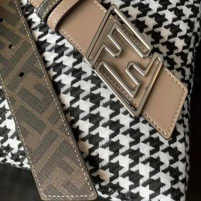 Fendi Men's Faster Reversible Belt In Beige/Black/Brown Calfskin And Monogram Canvas With Gold/Silver Hardware 35mm