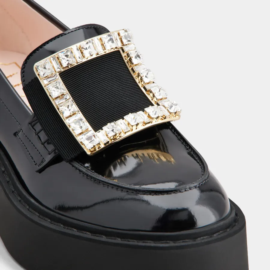 Roger Vivier Viv' Rangers Loafers In Black Patent Leather With Crystal Buckle (Heel Height 5.5cm)