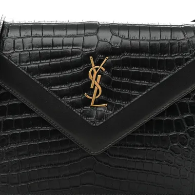 Saint Laurent Medium Gaby Satchel Black Embossed Calfskin & Crocodile Leather Aged Gold Hardware