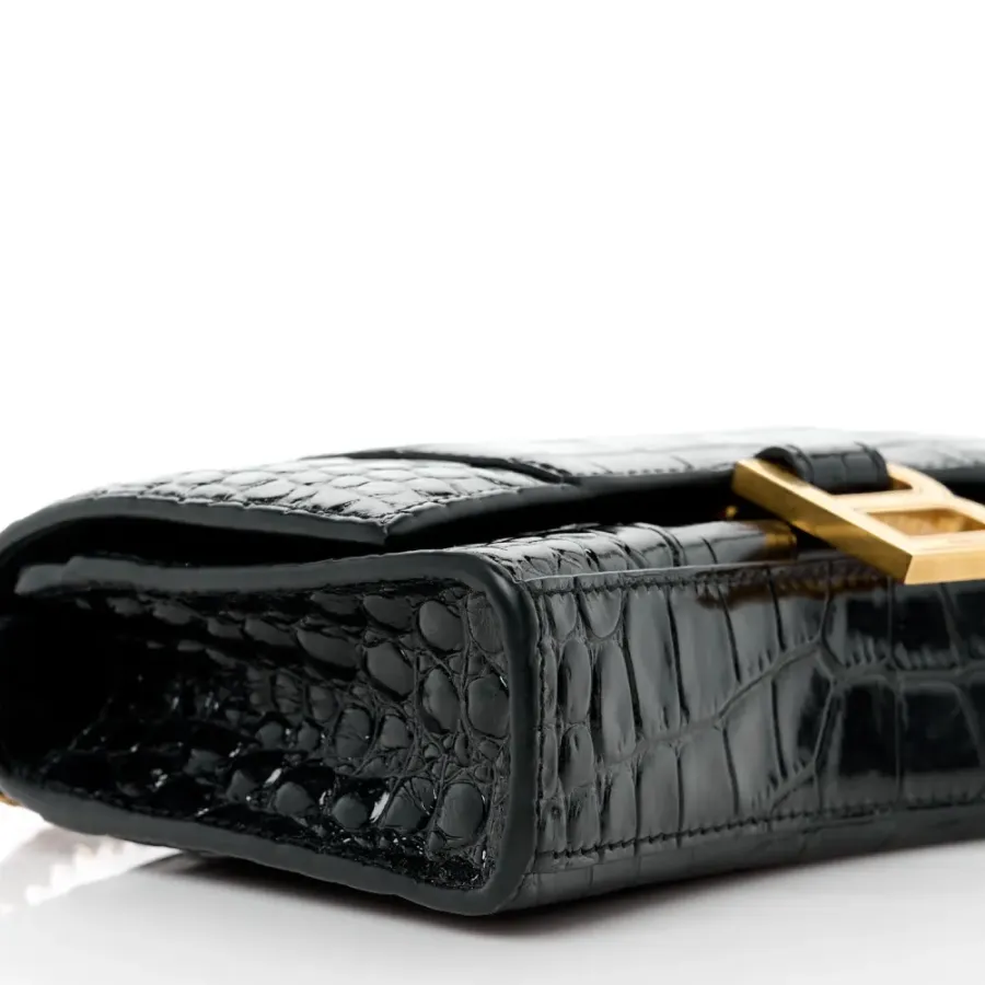 Balenciaga XS Hourglass Chain Bag Black Crocodile Embossed Shiny Calfskin Leather Gold Hardware