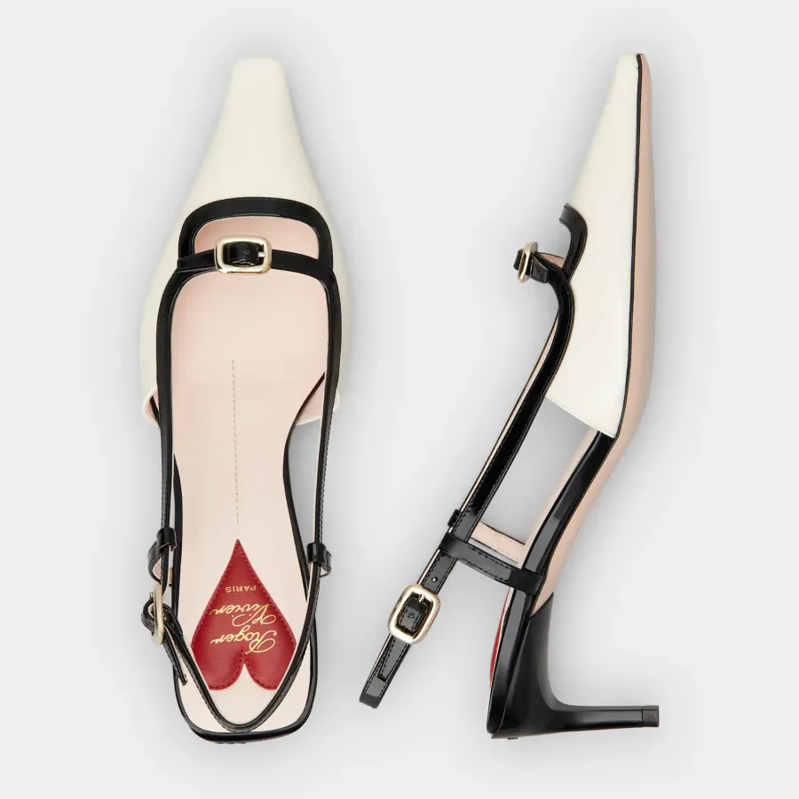 Roger Vivier Viv' Canard Slingback Pumps High Heels In Black/White Leather With Metal Buckle (Heel Height 5.5cm)