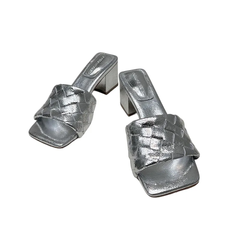 Bottega Veneta Parco Mule In Silver Intrecciato Leather Kitten-Heel Mule Sandal (Heel Height 4.5cm)