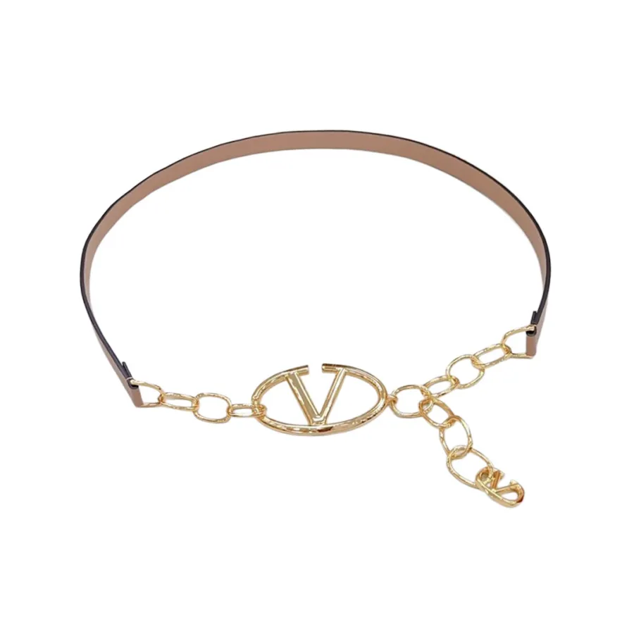 Valentino V Buckle Chain Belt In Black/White/Nude Calfskin With Gold Hardware