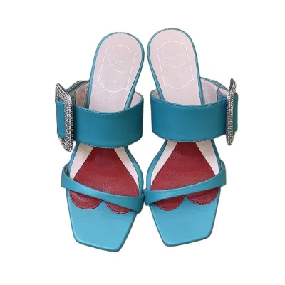 Roger Vivier Viv' Rangers Mules Sandals In White/Black/Blue Leather With Crystal Buckle (Heel Height 5.5cm)